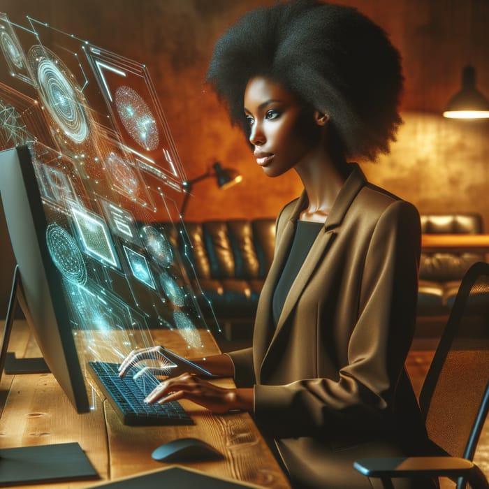 Stylish Black Woman Web Designer in Futuristic Studio Space