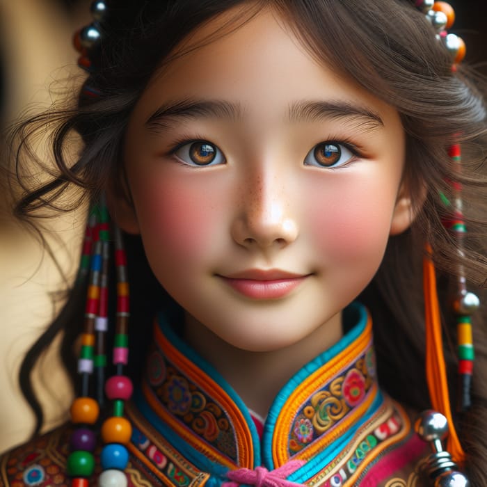 Ten-Year-Old Mongolian Girl - Front View | Traditional Attire & Musical Instrument