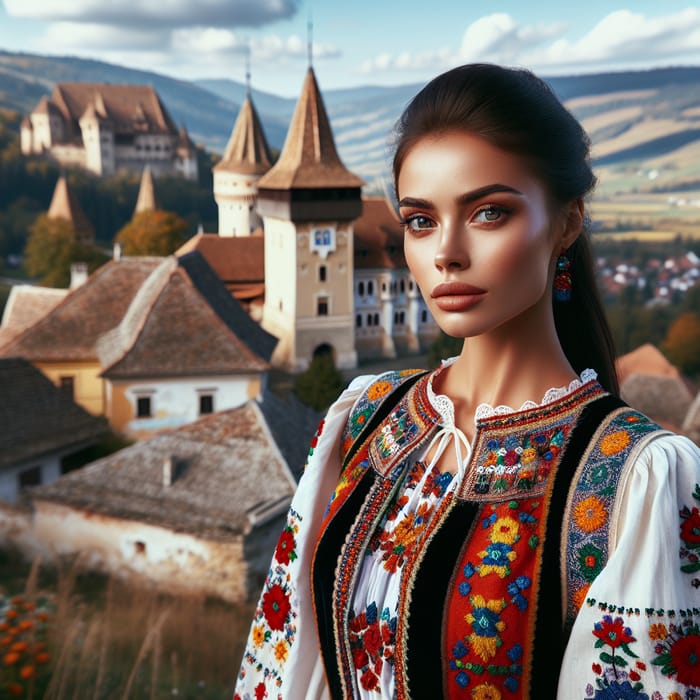 Romanian Woman in Traditional Attire | Transylvania Scenic View