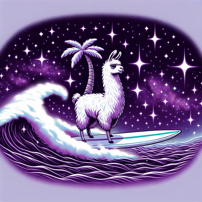 Celestial Lama Surfing in a Purple Universe with Stars and Palm Tree