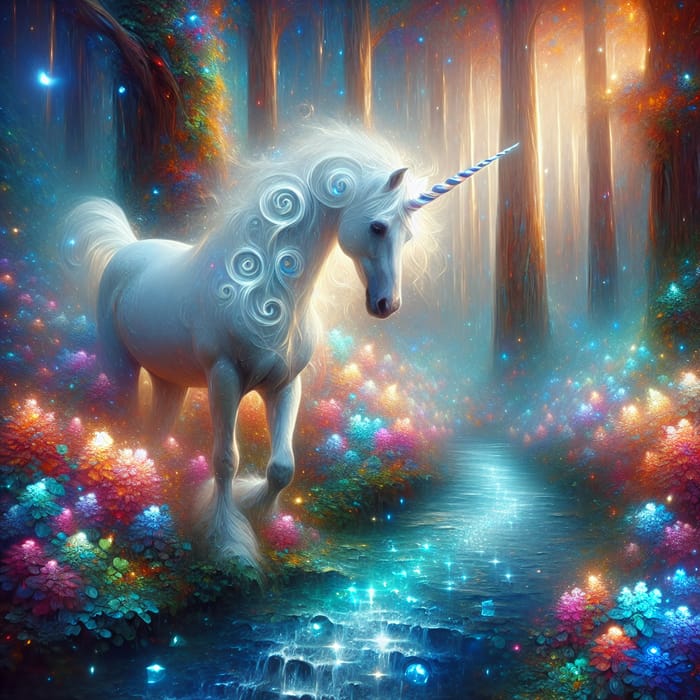 Mystical Forest Unicorn by Enchanting Stream - Fantasy Paint