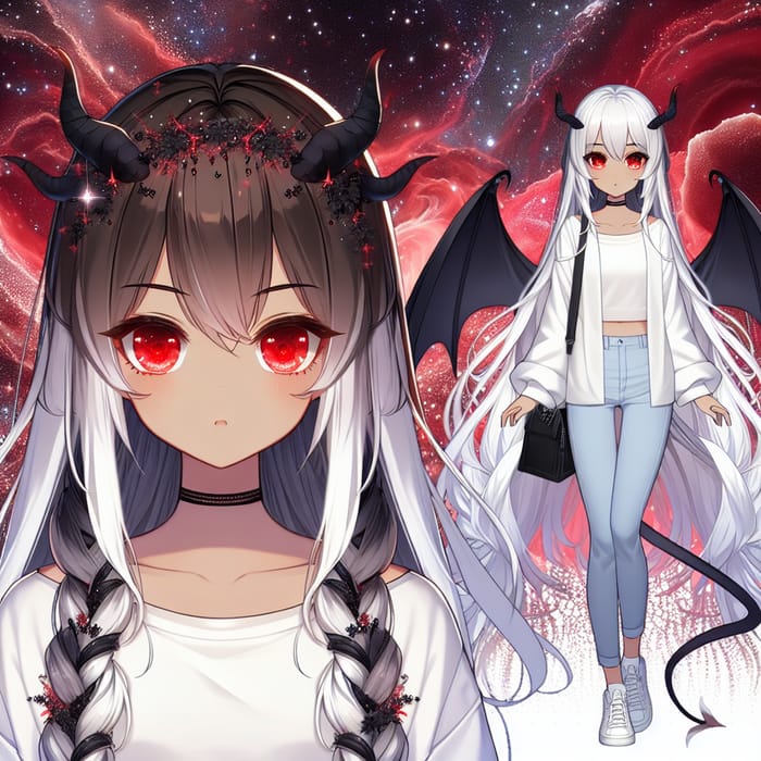 Anime Girl with White Hair, Red Eyes & Black Demon Features