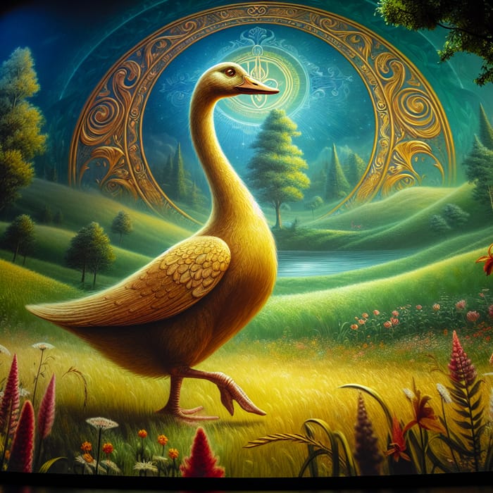 Majestic Golden Goose in Lush Meadow - Fantasy Magic