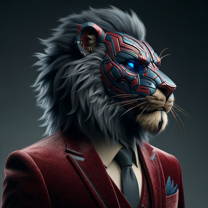 Futuristic Lion Warrior Chief in Red Velvet Suit