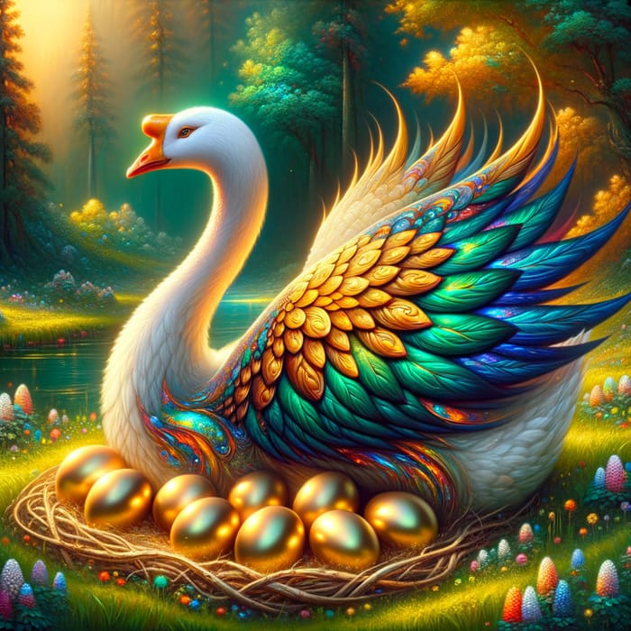 Majestic Black Golden Goose with Ecuador Flag-Colored Feathers and 11 Golden Eggs in Lush Meadow