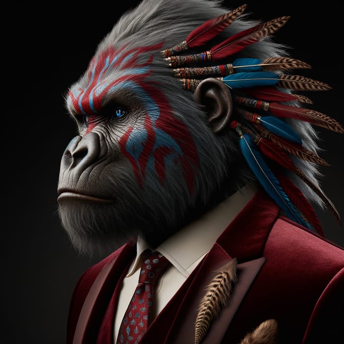 Alpha Realistic Silverback Gorilla Warrior Chief in Velvet Wine Red Suit & Tie