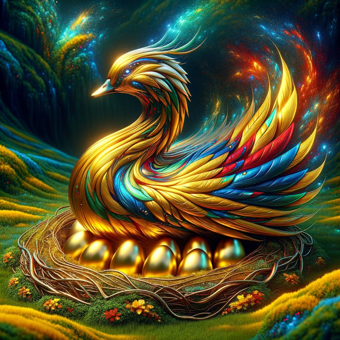 Golden Goose with Ecuador Flag Feathers in Nest with 11 Eggs | Magical Fantasy Art