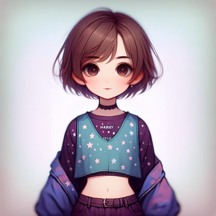 Cartoon Girl with Brown Hair in Blue Star Vest and Purple Longsleeve