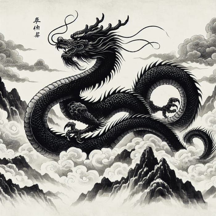 Traditional Chinese Ink Painting of a Mighty Dragon