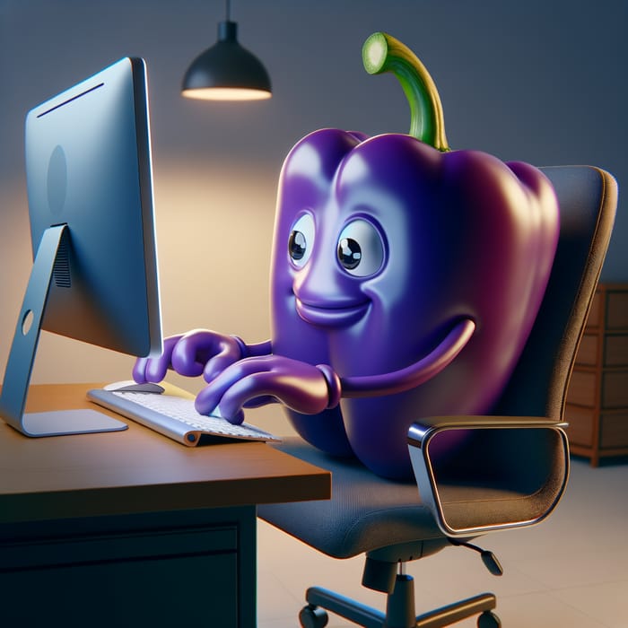 Purple Pepper Character at Desk Typing | Website Name Purple Pepper Character at Desk Typing | Website Name
