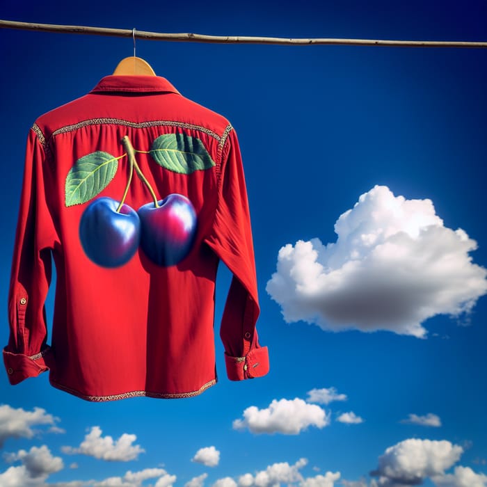 Vibrant Red Shirt with Flying Plums in Blue Sky