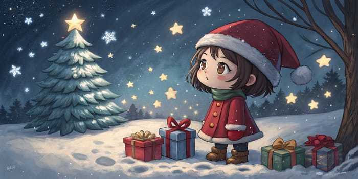 Magical Christmas Girl in Snow | Fantasy Anime Art