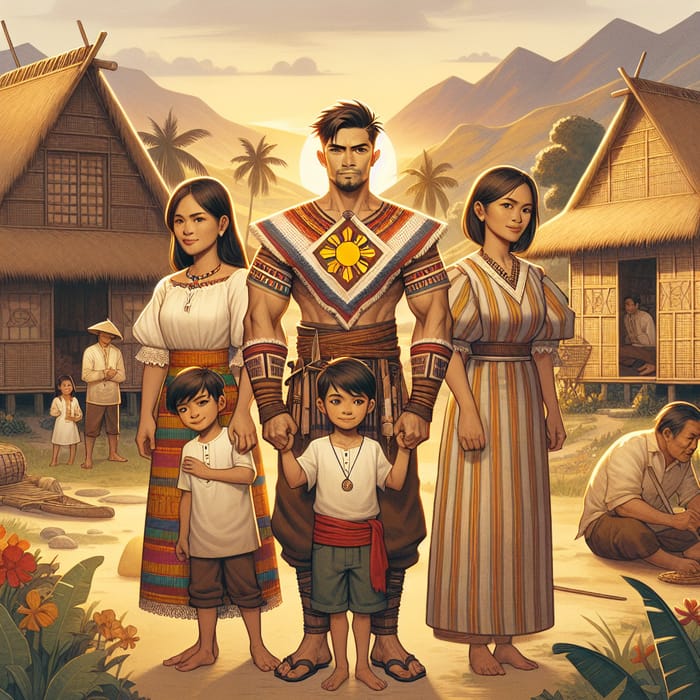 Filipino Warrior and Family in Serene Village Setting