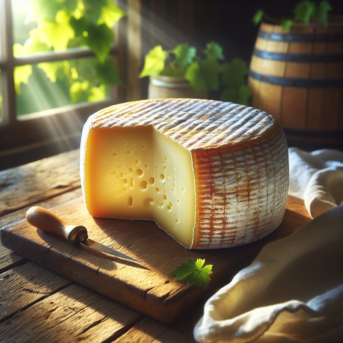 Rich and Creamy Yellow Cheese Wheel on Rustic Table