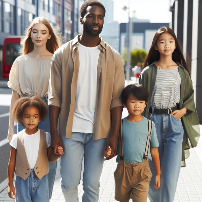 Man Strolling with 4 Children | Multicultural Family Outing