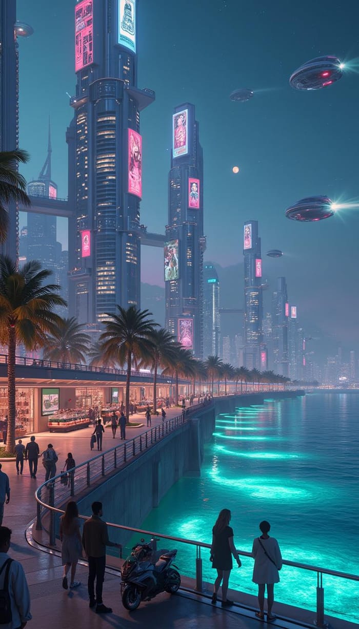 Futuristic City by the Turquoise Ocean