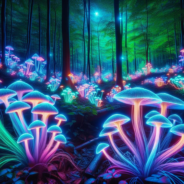 Enchanted Forest with Glowing Mushrooms | Neon Night Scene