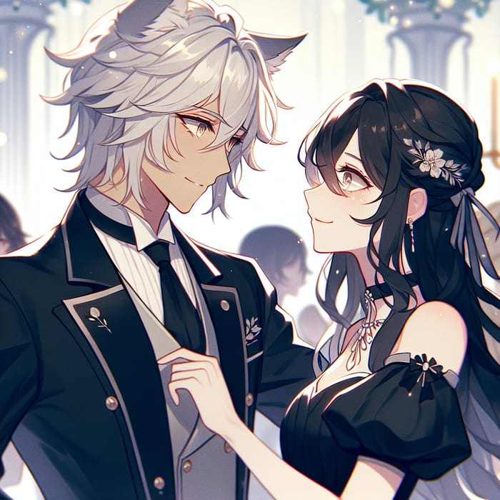 Tender Romance: Silver-Haired Man & Elegant Black-Haired Woman