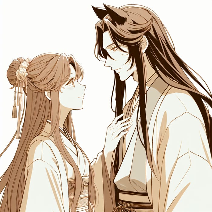 Inuyasha and Kikyo Romantic Couple with Cat Ears in Feudal Japan Attire