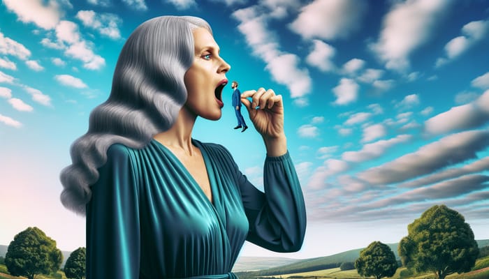 Surreal Encounter: Giantess and Unharmed Figure Under Azure Sky