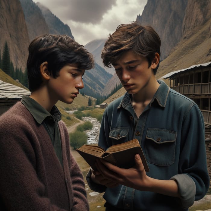 Kazakh Teenagers in Somber Mountain Gorge Conversation Kazakh Teenagers in Somber Mountain Gorge Conversation