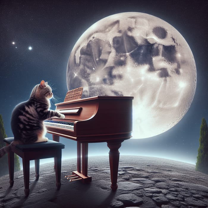 Cat Playing Piano on the Moon - Magical Moonlit Serenade