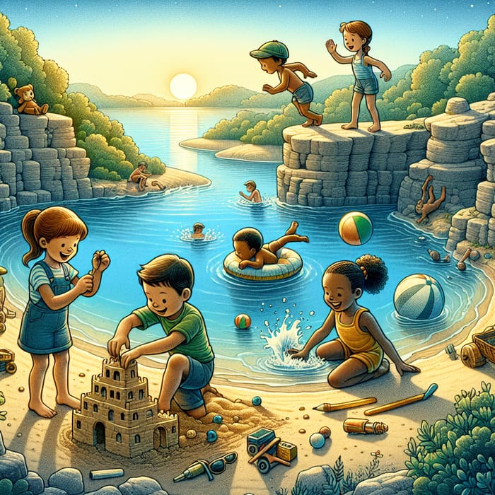 Playful Cartoon Kids Enjoying Lagoon Fun