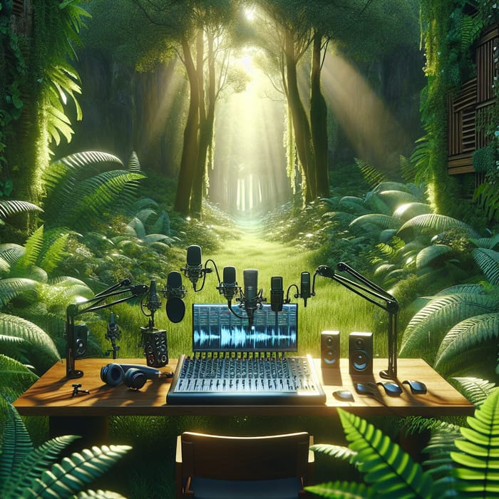 Podcast Desk in Nature: Cinematic Production with Modern Composition