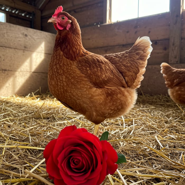 Flower in Front of a Beautiful Hen