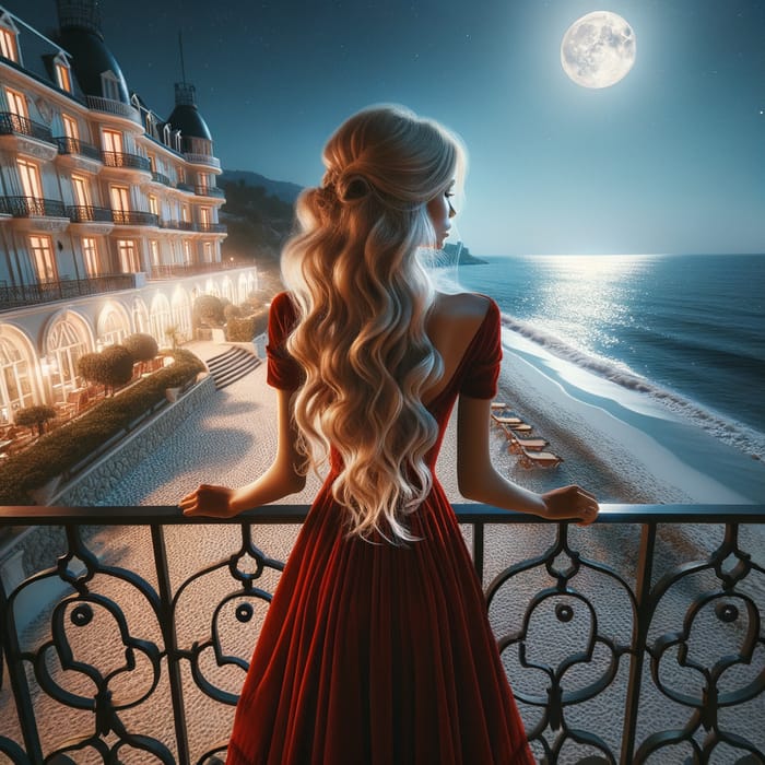 Blonde Woman in Red Dress at Hotel Balcony Overlooking Beach at Night