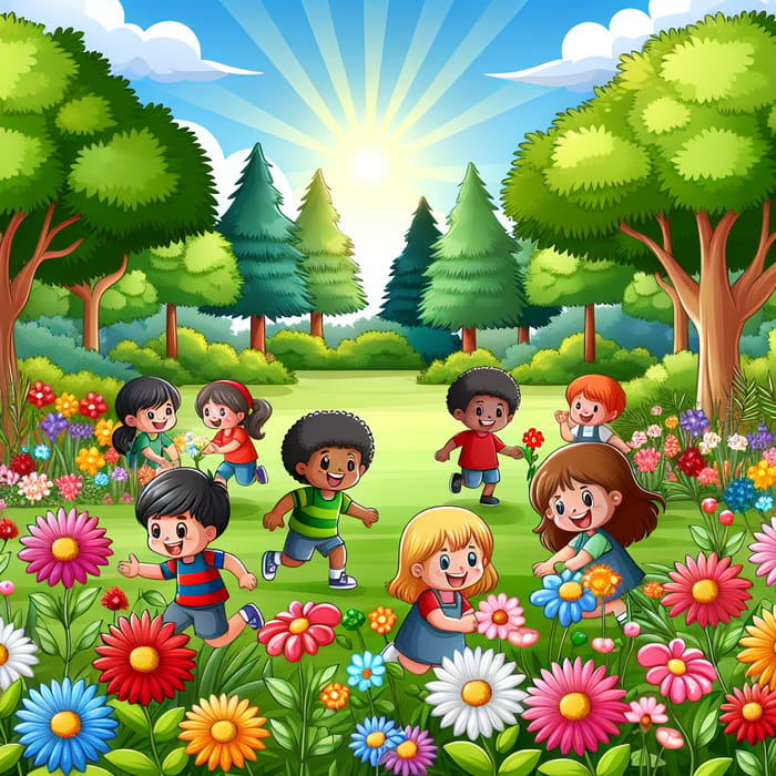 Cartoon Kids Playing in Garden - Outdoor Fun