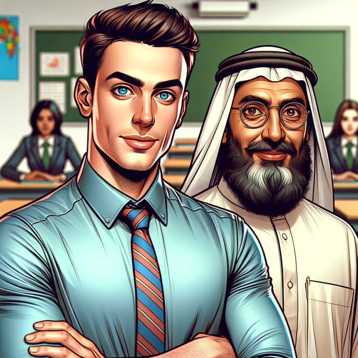 Engaging School Scene: Handsome Teacher with Patient Patient in Classroom