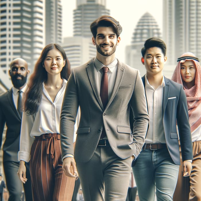 Corporate Professionals Walking Towards Casual Group in Cityscape