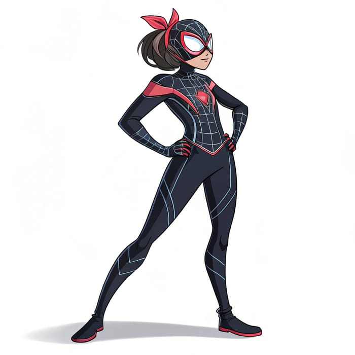 Female Spider Heroine in Black Super Suit