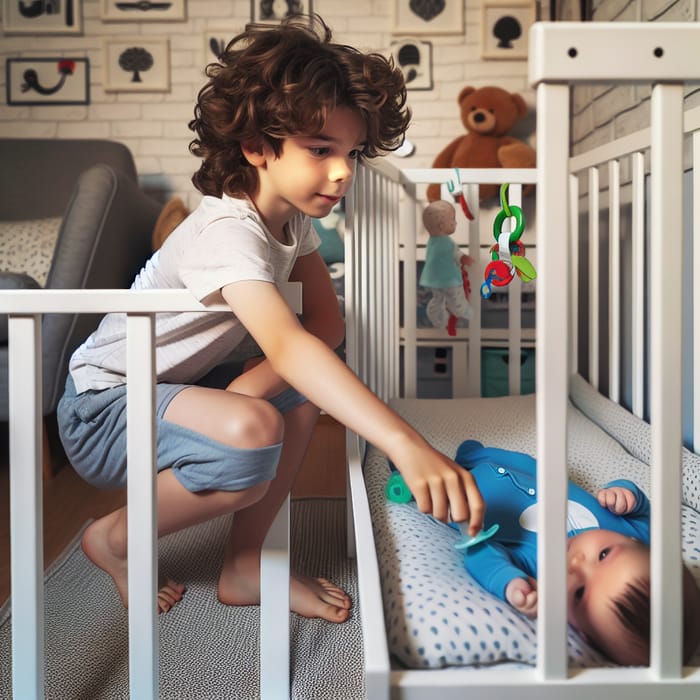 Curly Mullet Boy Sneaks to Take Pacifier from Baby Brother in Nursery Room