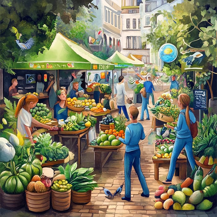 Vibrant Eco-Friendly Urban Scene in Watercolor