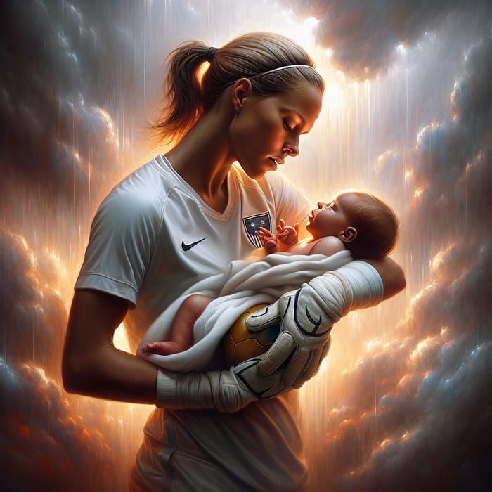 Emma Lundh Soccer Player Cradling Newborn Baby Digital Painting