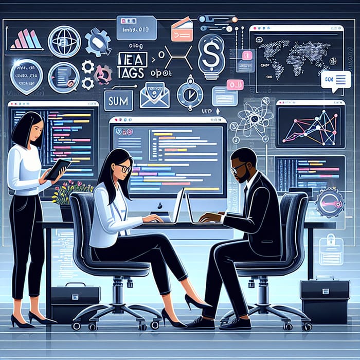 Detailed Technical SEO Illustration | Coding Symbols, Sitemaps