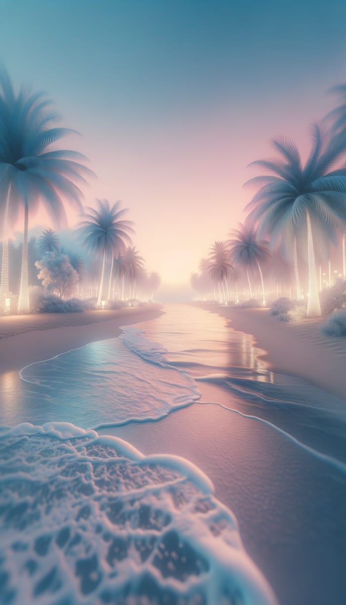 Tranquil Beach Scene at Dusk with Illuminated Palm Trees