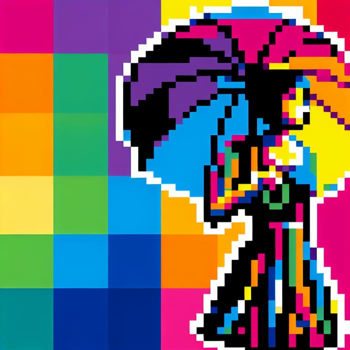 Retro Pixel Art of Girl with Colorful Umbrella