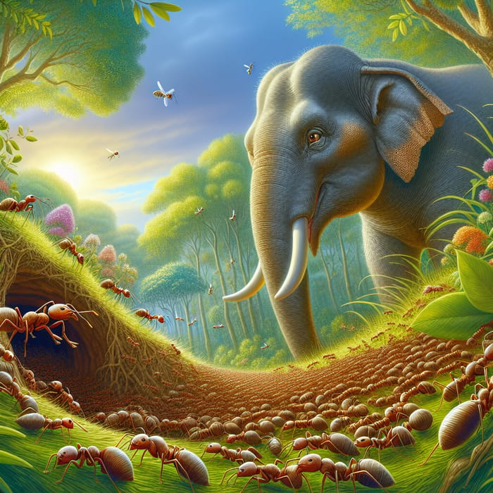 Captivating Ants and Elephant Interaction in a Jungle Scene