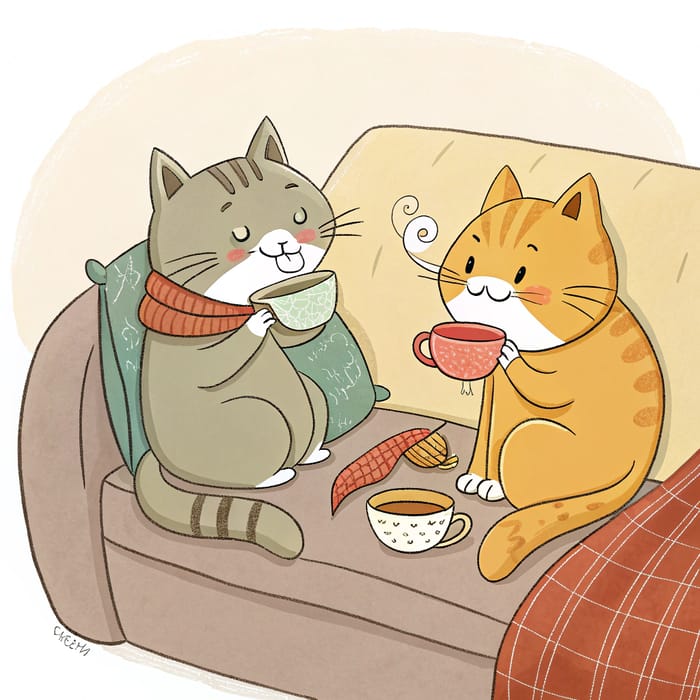 Cute Cats Enjoying Tea on the Sofa