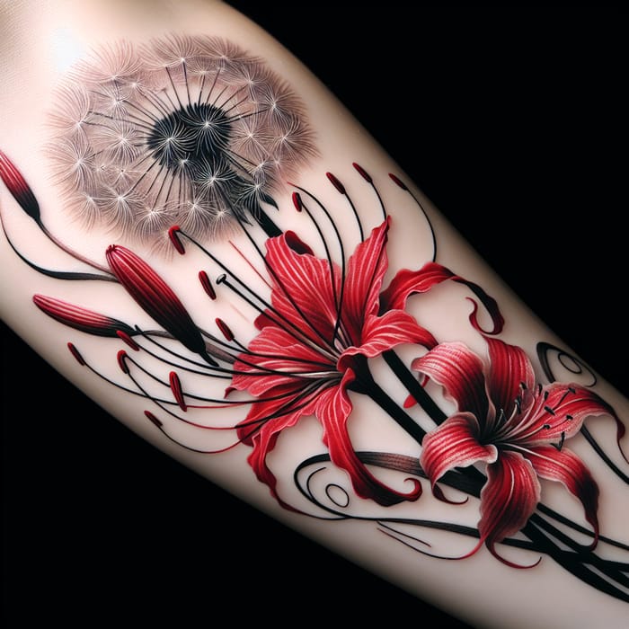 Vivid Higanbana and Dandelion Flower Tattoo on Right Arm