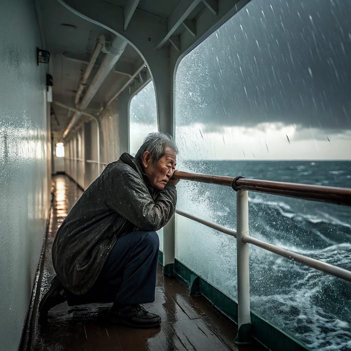 Scared Asian Man on Ship During Rainstorm