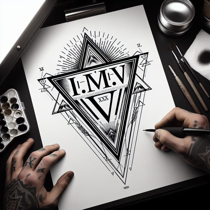 Geometric Tattoo Design with Roman Numerals I.IV.MMXXIV in Triangles