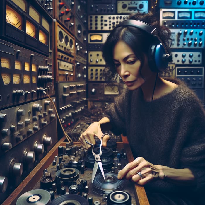 Skillful Asian Woman Cutting Vintage Tape Recorder in Music Studio