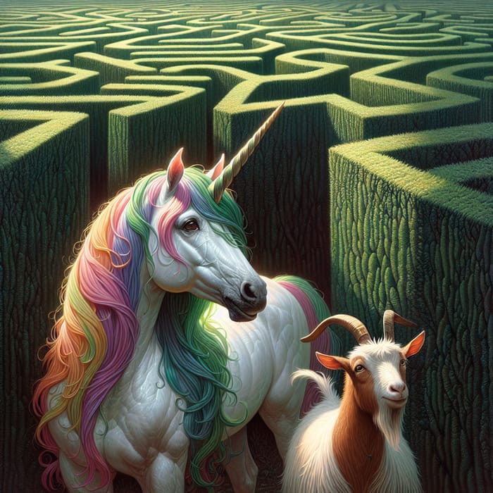 Enchanted Rainbow Unicorn and Brown Goat in Labyrinth Maze