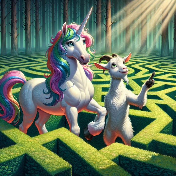 Majestic White Unicorn and Friendly Goat in Enchanted Labyrinth