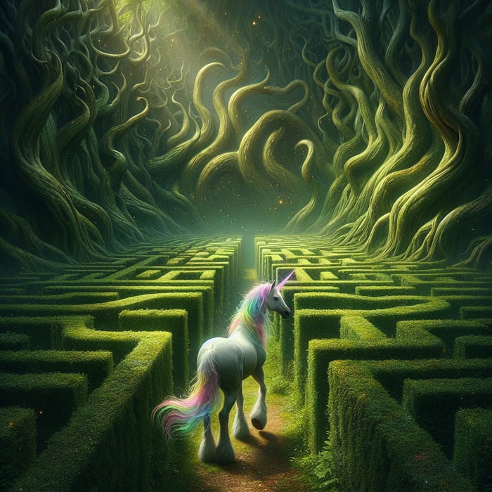 Enigmatic Forest Maze: Sparkle the White Unicorn's Mystical Journey