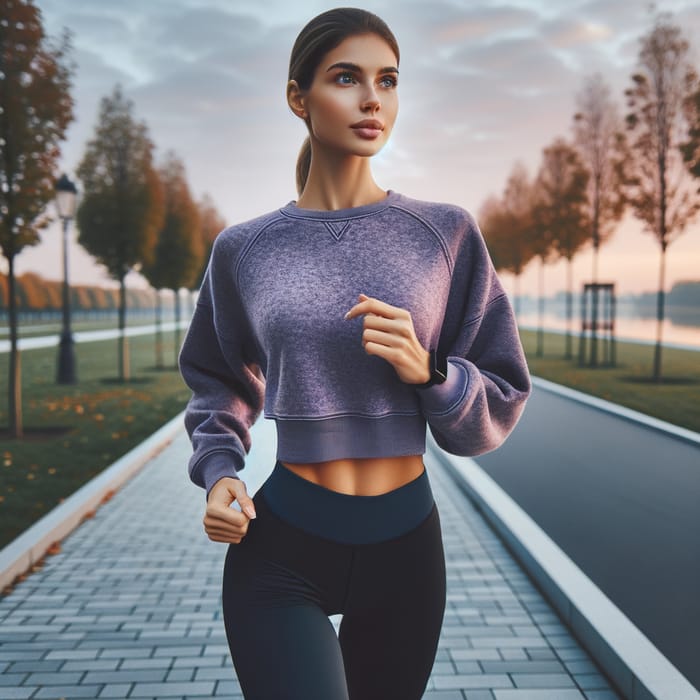 Young Caucasian Female Jogging in Urban Park | Autumn Morning Fitness